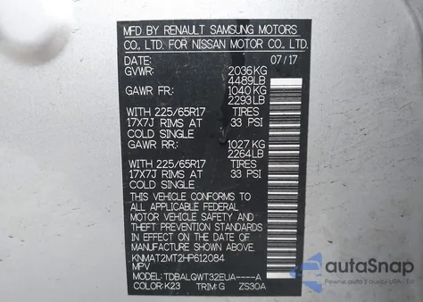 2017 Nissan Rogue Sv z USA, uszkodzony, nr VIN KNMAT2MT2HP612084